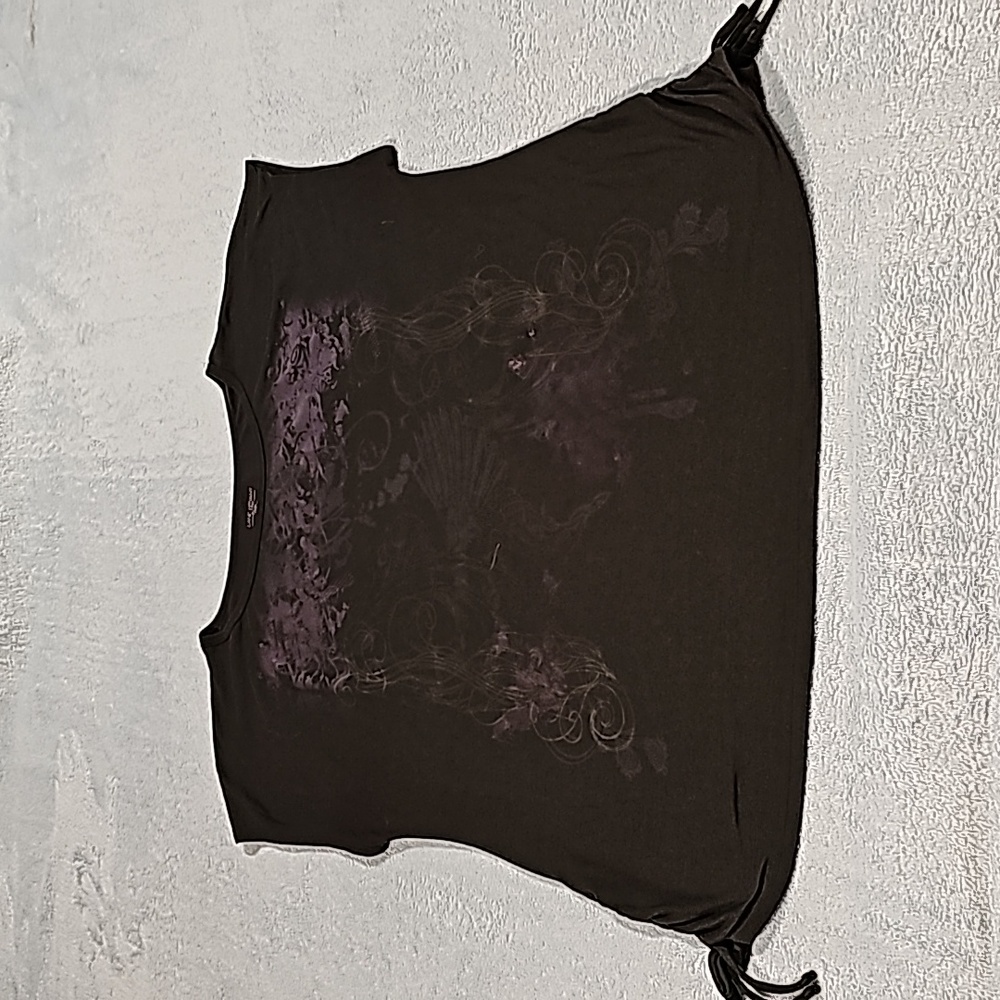 Lane Bryant Black side tied ruching with purple metallic print